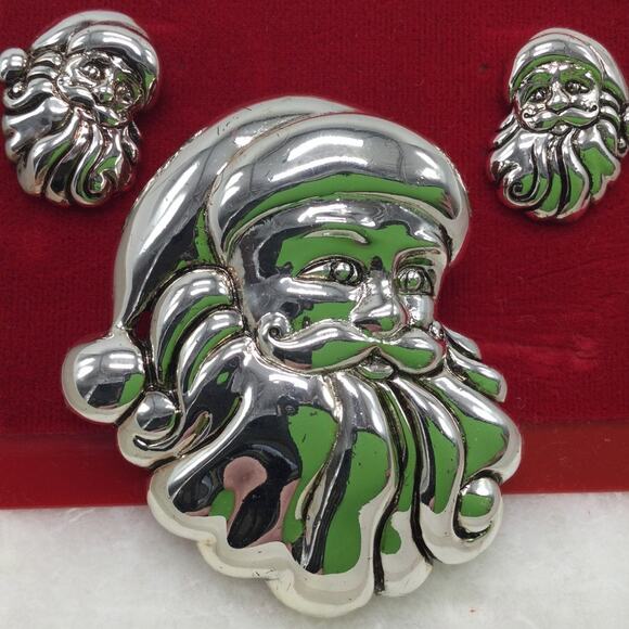 Earring and Brooch Set Silver Santa Christmas Holiday - Picture 2 of 4